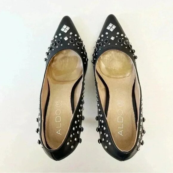 Aldo Black Leather Pumps Pointed Toe High Heel Rhinestone Studded Stilettos 7.5 - Picture 12 of 16